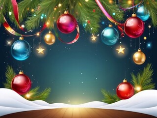 Christmas greeting holiday card template banner design with place for text. Balls on Christmas tree branch, stars, ribbons and light. Merry Christmas and Happy New Year 2025