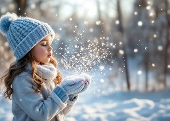 Generated image. Little girl in winter attire, joyful mood, blowing snowflakes, snowy forest background with space to copy  