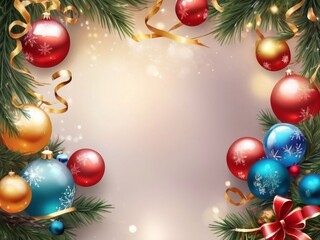 Christmas greeting holiday card template banner design with place for text. Balls on Christmas tree branch, stars, ribbons and light. Merry Christmas and Happy New Year 2025