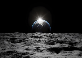 A futuristic moon base features Earth, showcasing space exploration technology.