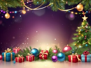 Christmas greeting holiday card template banner design with place for text. Christmas tree, balls, gift boxes, stars, ribbons and light. Merry Christmas and Happy New Year 2025