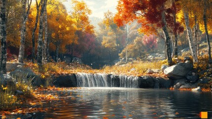 Fototapeta premium Tranquil Autumn Waterfall in a Misty Forest