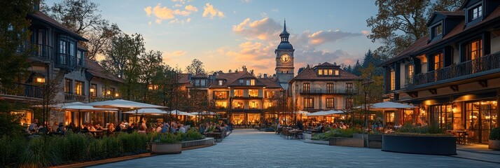 Evening view of a charming European-style village square with people dining al fresco at dusk.