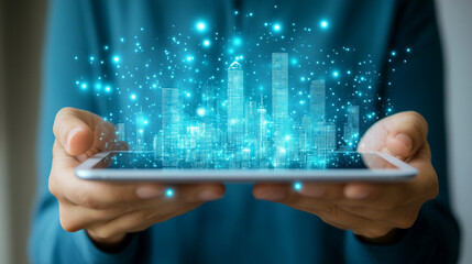 man holds a tablet showcasing a digital city skyline, representing the link between technology, urban growth, and the evolution of smart cities, innovation, and the future of digital transformation