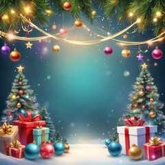 Christmas greeting holiday card template banner design with place for text. Christmas tree, balls, gift boxes, stars, ribbons and light. Merry Christmas and Happy New Year 2025