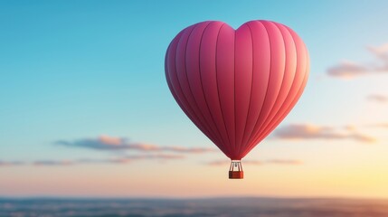 Fototapeta premium Pink Heart Hot Air Balloon Soaring at Sunset
