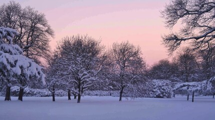 Serene Winter Landscape with Snow-Covered Trees at Sunset