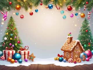 Christmas greeting holiday card template banner design with place for text. Christmas tree, balls, gift boxes, stars, ribbons and light. Merry Christmas and Happy New Year 2025