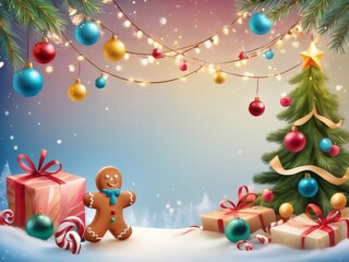 Christmas greeting holiday card template banner design with place for text. Christmas tree, balls, gift boxes, stars, ribbons and light. Merry Christmas and Happy New Year 2025