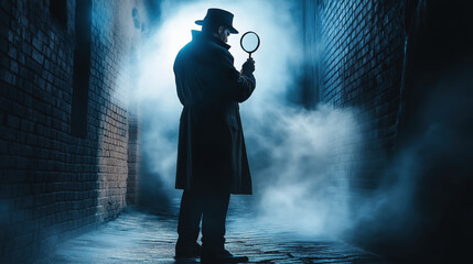 Back view of a detective, wearing a the trench coat, hat, and misty alley, holding a magnifying glass.