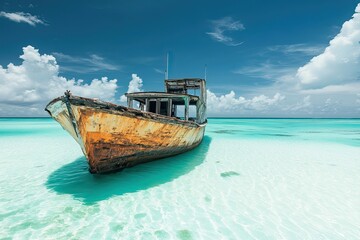 Naklejka premium Old Wooden Shipwreck in Tropical Shallow Water
