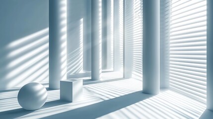 Obraz premium Minimalist white room with columns, sphere, cube, and sunlight.