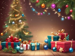 Christmas greeting holiday card template banner design with place for text. Christmas tree, balls, gift boxes, stars, ribbons and light. Merry Christmas and Happy New Year 2025