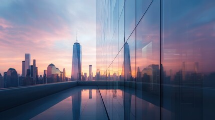 Obraz premium Stunning Sunset Reflections Over Urban Cityscape with Skyscrapers