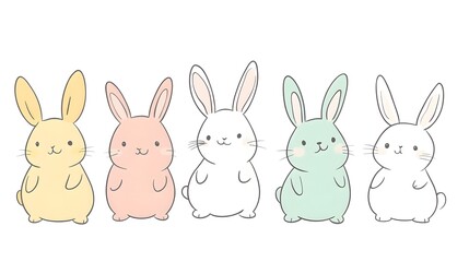 Obraz premium Five Adorable Pastel Colored Bunnies in a Row