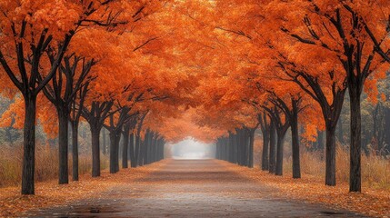 A serene pathway lined with vibrant orange trees, creating a tranquil autumn scene.