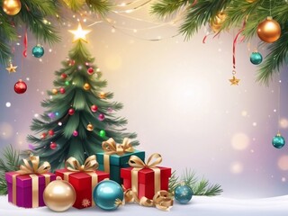 Christmas greeting holiday card template banner design with place for text. Christmas tree, balls, gift boxes, stars, ribbons and light. Merry Christmas and Happy New Year 2025