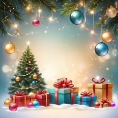 Christmas greeting holiday card template banner design with place for text. Christmas tree, balls, gift boxes, stars, ribbons and light. Merry Christmas and Happy New Year 2025