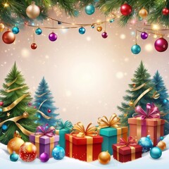 Christmas greeting holiday card template banner design with place for text. Christmas tree, balls, gift boxes, stars, ribbons and light. Merry Christmas and Happy New Year 2025