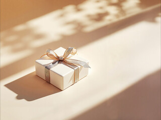 Generated image. White Gift Box with Golden Ribbon on Beige Background with Space for Copy 