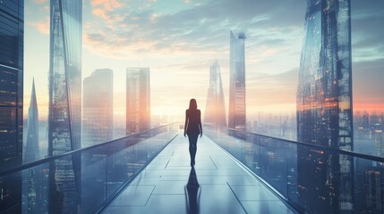 Fototapeta premium Woman Walking on Modern Bridge with Cityscape and Sunset View