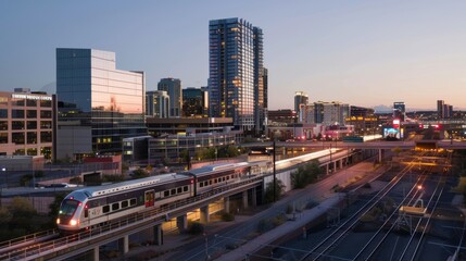 Fototapeta premium Modern Cityscape with Train at Dusk in Urban Environment