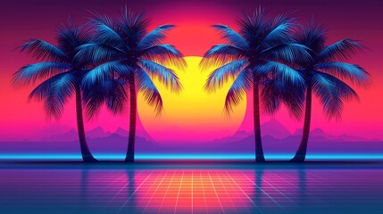 Fototapeta premium Retro sunset with palm trees and neon reflections.