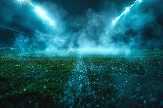 Mysterious, smoky atmosphere on a nighttime sports field. Bright stadium lights illuminate the scene.