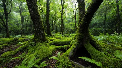 Obraz premium Lush green forest with moss-covered trees and exposed roots.