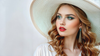 Generated image. Elegant woman with glamorous makeup and white hat, thoughtful look, on a soft neutral background with space to copy 