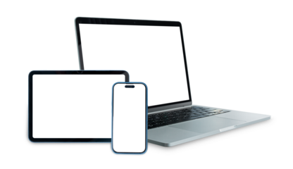 Set of smart devices smartphone, tablet and laptop with blank screen isolated on transparent background, PNG Format
