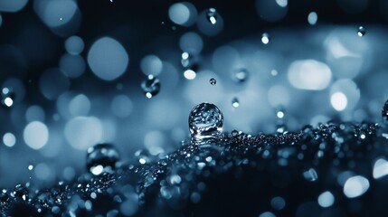 Raindrops create ripples in a dark blue puddle during a tranquil evening in nature's embrace
