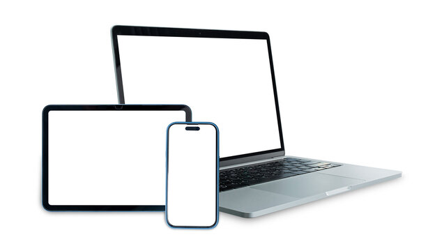 Set of smart devices smartphone, tablet and laptop with blank screen isolated on transparent background, PNG Format