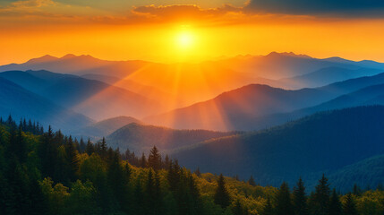 Misty mountains bathed in warm orange and yellow hues at sunset, symbolizing tranquility and the beauty of nature's chaos, a perfect high-definition phone wallpaper to evoke peace and awe