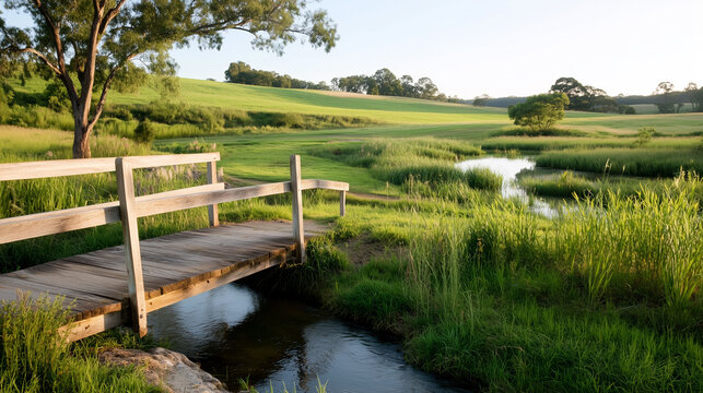Sunlight illuminates a serene landscape featuring a wooden bridge over a gently flowing stream in a lush green field during early morning