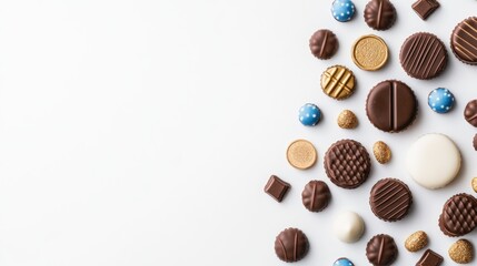 Fototapeta premium Chocolate gelt coins and dreidels in blue and gold are scattered across a white background creating a festive atmosphere for Hannukah celebrations. Perfect for holiday decoration or photoshoots