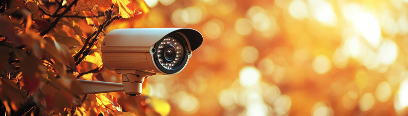 Security Camera, Autumn Foliage, Outdoor Patio or Entranceway, Contrasting Lighting, Blurred Image Section, Collage or Composition