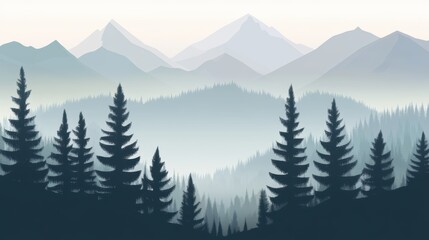 Obraz premium Serene Mountain Landscape with Evergreen Trees and Soft Mist