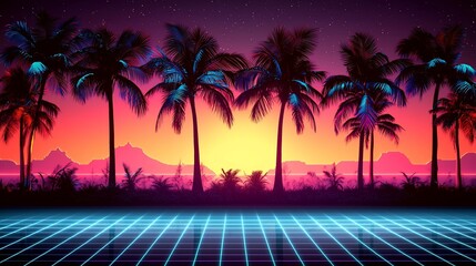 Fototapeta premium Retro sunset scene with palm trees and neon grid.