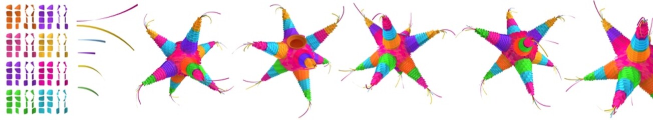 Illustration of a colorful Mexican piñata, different views, typical Mexican piñata.