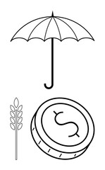 Umbrella, wheat stalk, and coin with dollar sign. Ideal for insurance themes, agriculture, financial services, economic stability, investments risk management sustainability. Line metaphor