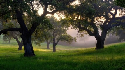 Fototapeta premium Serene Morning Light Through Oak Trees in Misty Forest Landscape
