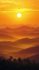 Fototapeta premium Misty mountains bathed in warm orange and yellow hues at sunset, symbolizing tranquility and the beauty of nature's chaos, a perfect high-definition phone wallpaper to evoke peace and awe