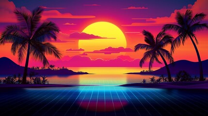 Fototapeta premium Vibrant sunset over tropical beach with retro grid reflection.