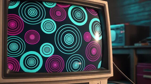 A nostalgic scene unfolds as a vintage monitor displays a chaotic blend of teal and magenta circles spinning erratically. Each glitch seems to alter the design momentarily