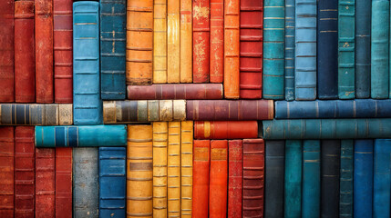 Stacked colorful vintage books in vibrant rainbow colors, perfect for university education, reading, or school library banner and website header