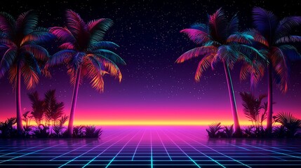Retro synthwave sunset with vibrant palm trees and grid.