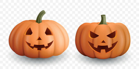 Realistic Vector Halloween Pumpkins with Carved Faces. Jack-O'-Lanterns Set for Halloween Decor. Detailed Pumpkin Illustrations for Festive Design, Icons, Templates