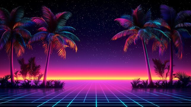 Retro synthwave sunset with vibrant palm trees and grid.