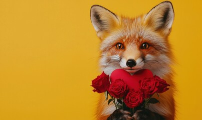 Obraz premium Mascot fox holding heart studio photography yellow background
